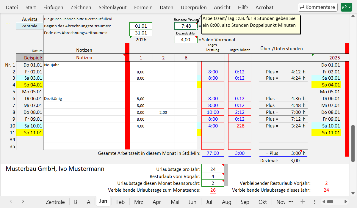 Kostenlos laden - j�hrliches Arbeitszeitkonto, eine Excel-Anwendung