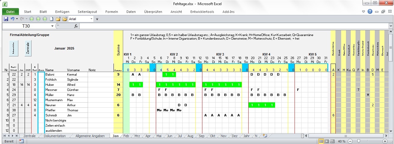 XUmA_xy - Urlaubstage und Fehltage auf einer Tabelle