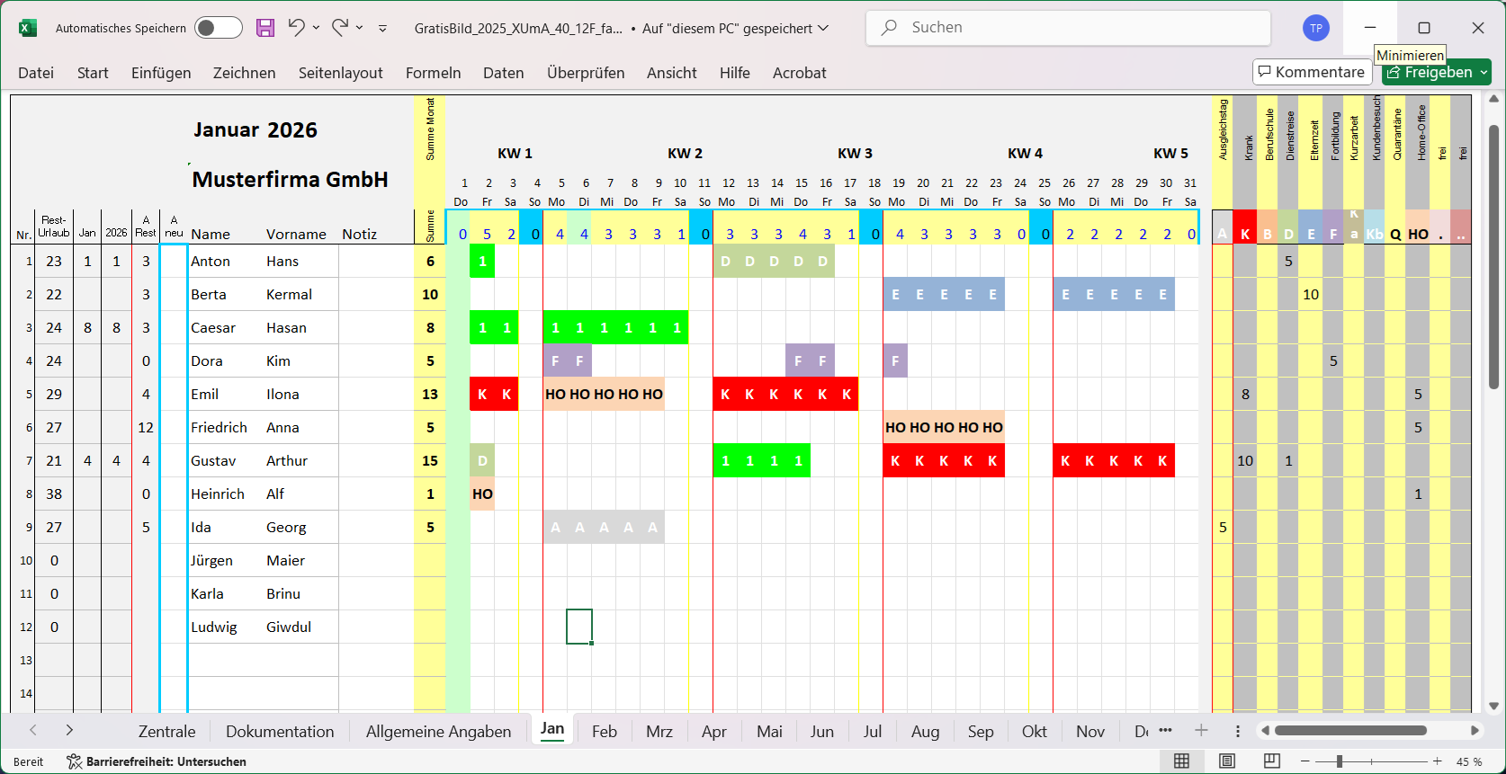 Kostenlos laden - Urlaubsplaner 2026 mit Fehltage-Uebersicht aus XUmA
