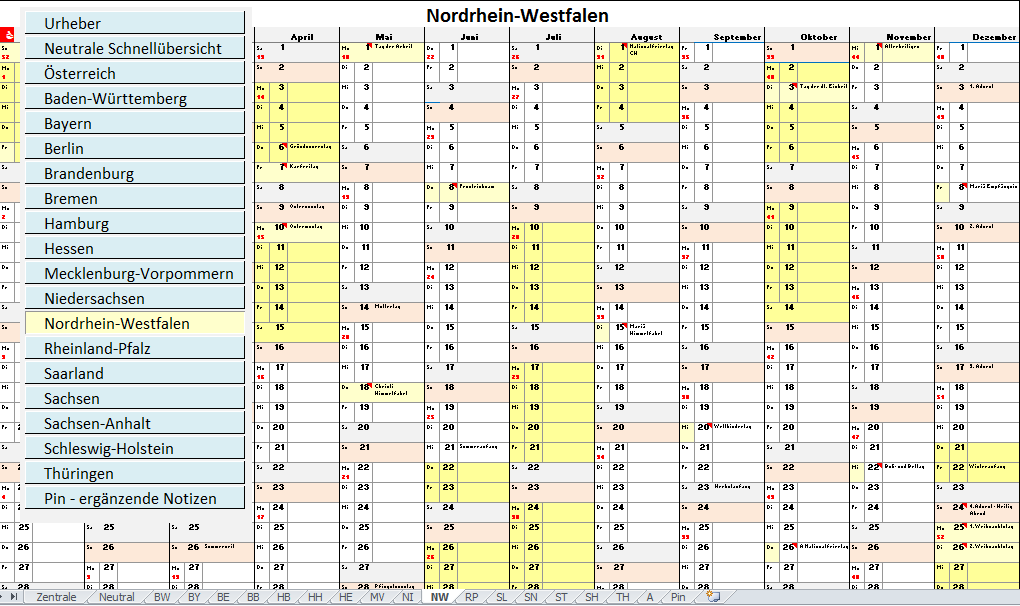 Herunterladen - beschreibbare Wandkalender nach Bundeslnder abrufbar