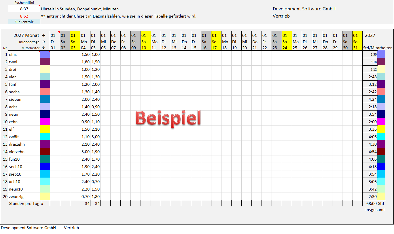Kostenlos laden - viele Mitarbeiter in einer Tabelle aus XZ400